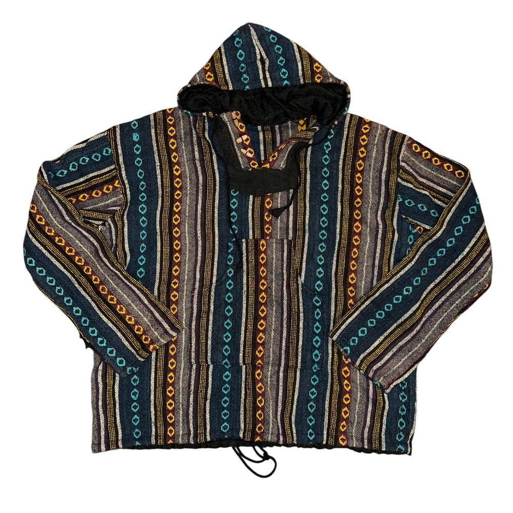 Vintage Baja Hoodie Pullover Multi Color Striped Woven Boho Poncho Mens Large
